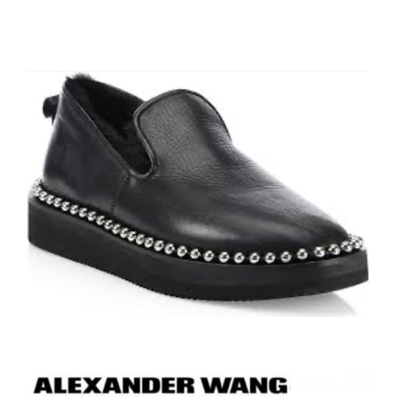 ALEXANDER WANG Tedi Shearling Black Leather Silver Stud Platform Loafers Sz 38.5 - Picture 1 of 12